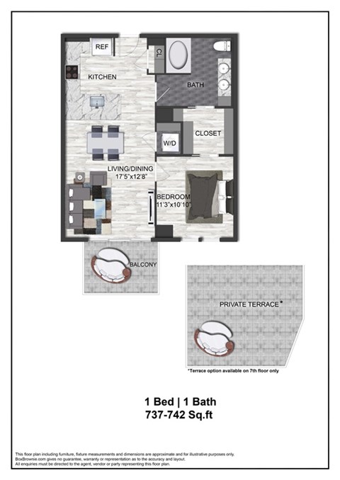 Floor plan for 1 bed, 1 bath, 738 sqft
